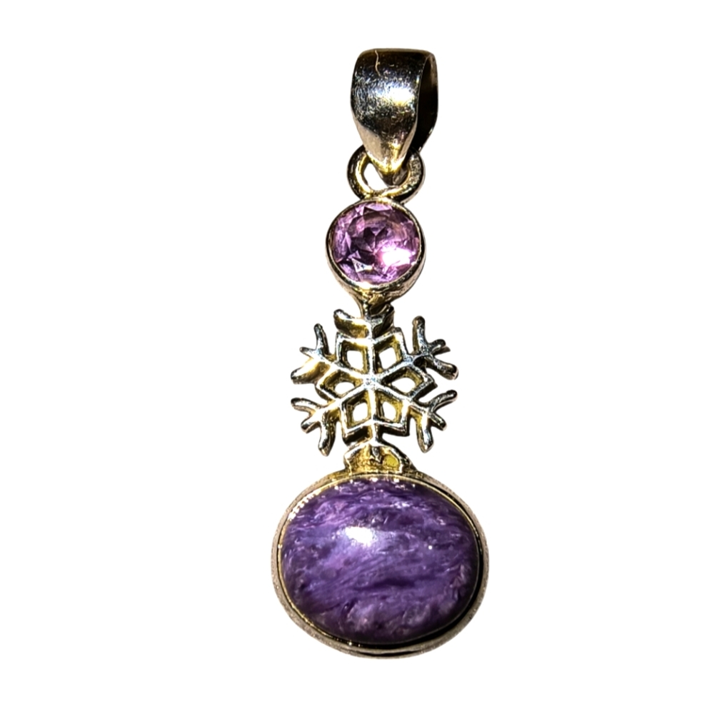 Siberian Charoite, Amethyst & Sterling Silver Snowflake Pendant